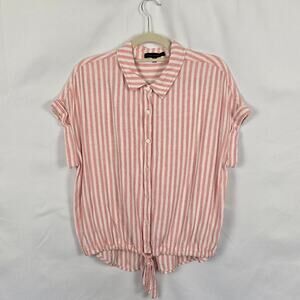 Sanctuary Pink & White Striped Linen Short Sleeve Button down Top Size M